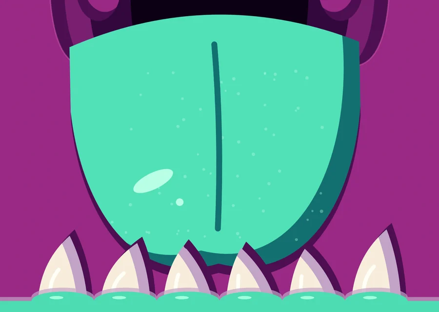The lower jaw with a mint-green tongue